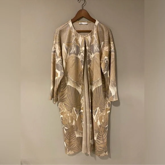 Zara Long Cardigan Coat Coatigan Duster in floral, gold print NWOT Size M - Picture 3 of 14